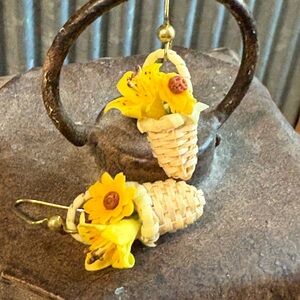 Floral Basket Earrings with Yellow Accents